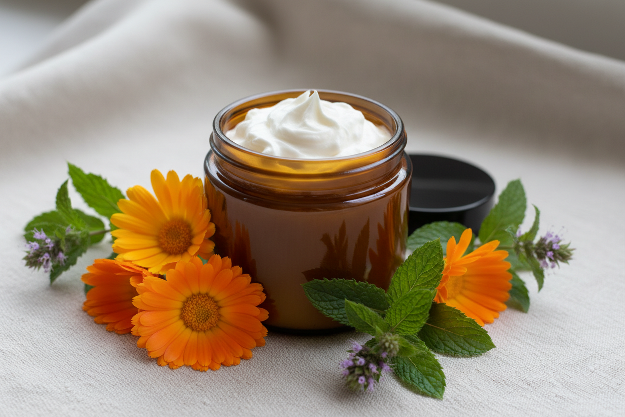calendula infused whipped tallow.  product image.  no label. 4oz amber jar with black lid.  show calendula but not in the whipped tallow. show bergamot mint